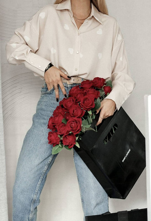 Beżowa luźna koszula damska w serduszka SIMPLY LOVE