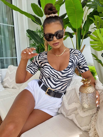 Beżowo-brązowa elastyczna bluzka damska z krótkim rękawem i dekoltem SOFT ZEBRA