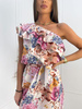 Kolorowa sukienka damska na jedno ramię z falbaną i wiązaniem w kwiaty TOP BOCCA