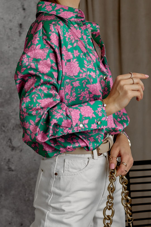 Zielona luźna koszula damska w różowe kwiaty  SIMPLY STYLE