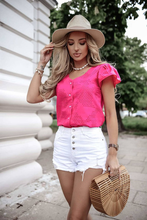 Fuksjowa ażurowa bawełniana koszula damska z krótkim rękawem XANA ATENA