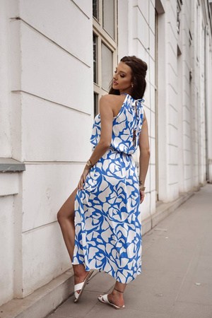 Biało-niebieska długa sukienka damska we wzory KORFU