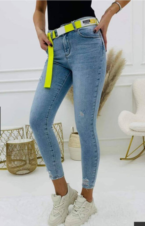 Dżinsowe spodnie damskie rurki z neonowym paskiem SKINNY JEANS