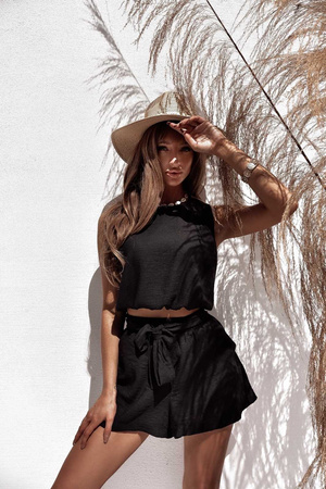 Czarne lniane spodenki damskie z wysokim stanem VERONA