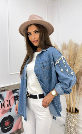 Dżinsowa koszula damska ze zdobieniami na rękawach MOCHY JEANS