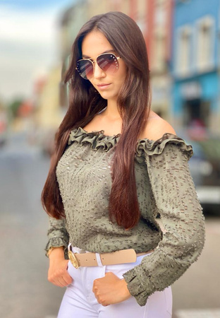 Bluzka hiszpanka khaki z odkrytymi ramionami i długim rękawem Khaki ATER SUMMER NEW zdobiona falbaną