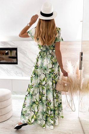 Biała długa sukienka damska w zielone kwiaty RAMONA