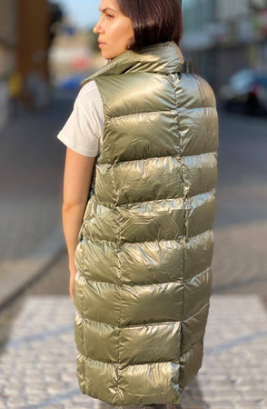 Długa, zielona metaliczna kamizelka SUN, zapinana na zamek z wysokim kołnierzem