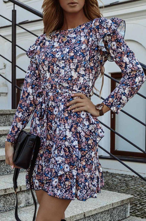 Krótka brązowa sukienka, motyw kwiaty, wiązana w pasie, długi rękaw FOR NOW III by X.