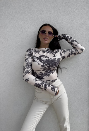 Beżowa dopasowana bluzka damska w czarny print SKIN DIOR