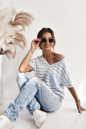 Biało niebieski wełniany sweter damski z krótkim rękawem MISS