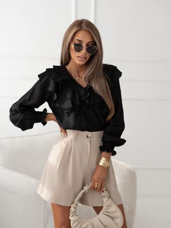 Czarna bluzka damska z ozdobną falbaną CRYSTAL