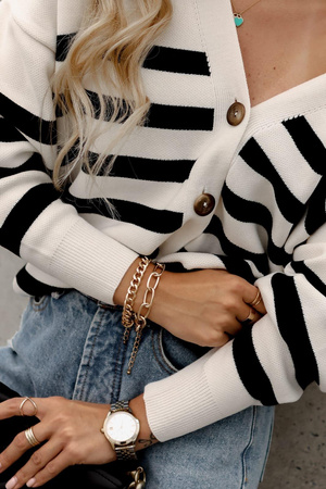 Bialo-czarny sweter damski zapinany na guziki w paski SIMPLY GEOMETRIC