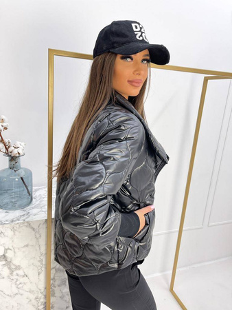 Czarna krótka pikowana kurtka damska zapinana na zamek z kołnierzem EMMA