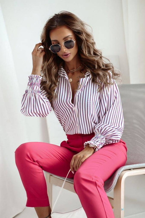 Biała koszula damska w różowo-granatowe paski XANA ELEGANCE