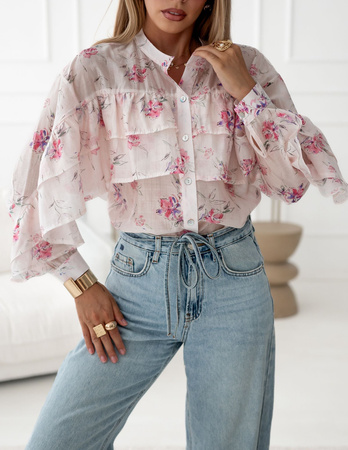 Pudrowo różowa bluzka damska z ozdobna falbana ROMA