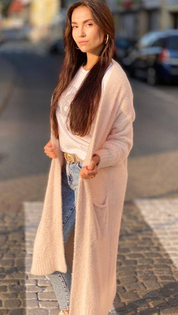 Jasny beż kardigan ALPAKA, długi sweter z kieszeniami.