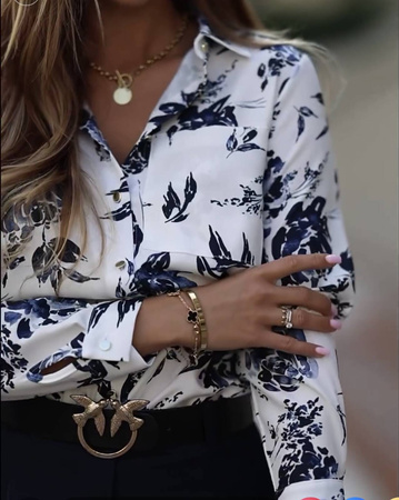 Biała koszula damska w granatowe kwiaty MARIA