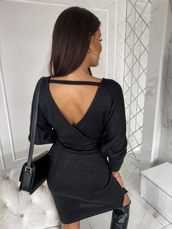 Czarna błyszcząca sukienka damska z koronką przy dekolcie i wycięciem na plecach CEREMONY.