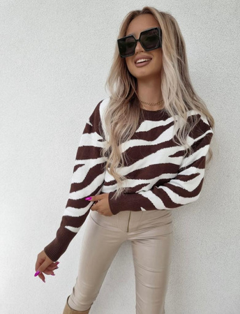 Biało-brązowy sweter damski z motywem zebry z dodatkiem kaszmiru ZEBRA STYLE