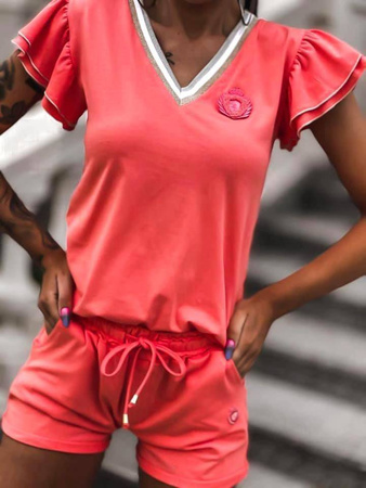 Koralowa bluzka damska z krótkim rękawem i dekoltem w serek LUISE