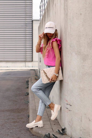 Różowa bluzka damska z falbaną i wiązaniem na plecach DONNA