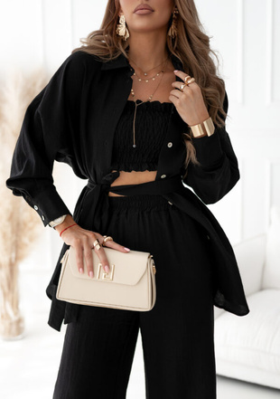 Czarny 3 częściowy  lniany  komplet  damski  GRACE