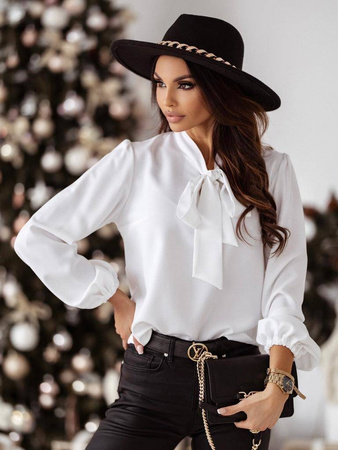 Biała gładka bluzka damska ze ściągaczem przy rękawie i wiązaniem przy szyi BOW