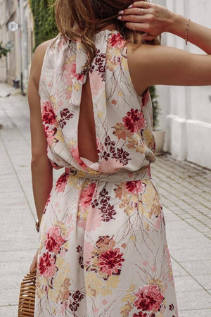 Długa sukienka, beżowa, czerwone kwiaty SUMMER RED FLOWERS BY X