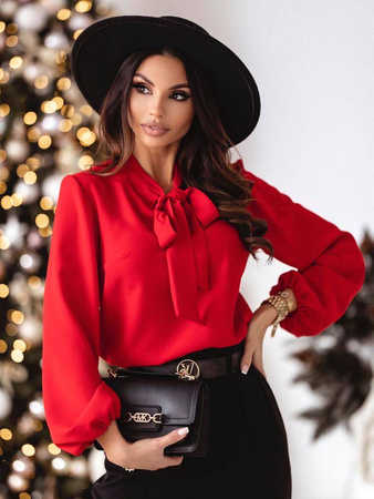 Czerwona gładka bluzka damska ze ściągaczem przy rękawie i wiązaniem przy szyi BOW