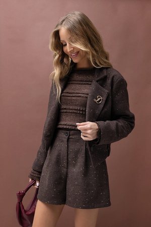 Brązowy krótki żakiet damski z ozdobna złota nitka XANA STYLE