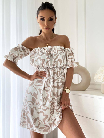 Biało-beżowa krótka sukienka damska hiszpanka we wzory BABY NUDE