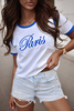 Biały T-shirt  damski z niebieskim napisem  PARIS