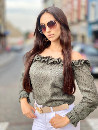 Bluzka hiszpanka khaki z odkrytymi ramionami i długim rękawem Khaki ATER SUMMER NEW zdobiona falbaną