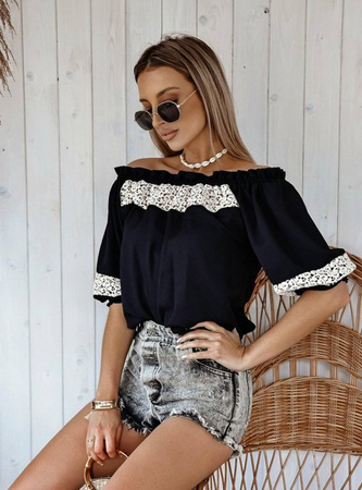 Czarna bluzka damska hiszpanka z beżową wstawką z koronki ROMANA