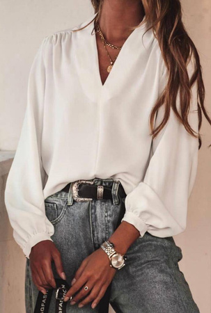 Biała luźna bluzka z długim rękawem SIMPLE II, dekolt V, rękaw wykończony - zapinany na guzik.