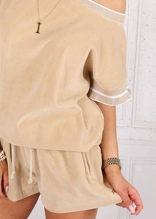 Beżowy welurowy komplet dresowy bluzka i szorty COMFORT MATCH