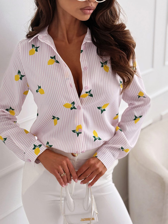 Biała koszula damska w delikatne różowe paseczki i cytrynki NOVUM