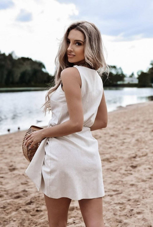 Beżowa lniana kopertowa sukienka damska na ramiączkach NATURAL BEAUTY