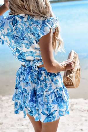 Biały komplet damski spódnica i bluzka w niebieskie kwiaty TIMO