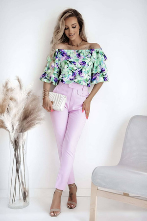 Zielono-fioletowa bluzka damska hiszpanka z falbanami BERRY DREAMS