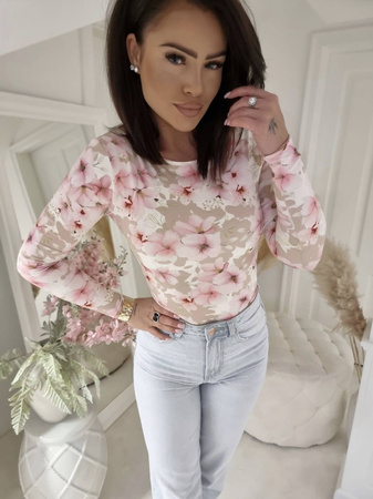 Pudrowo-różowa elastyczna dopasowana bluzka damska w kwiatowy print LEJDIi