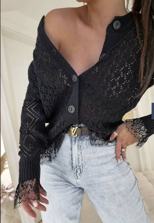 Czarny ażurowy sweter damski zapinany na guziki COCO