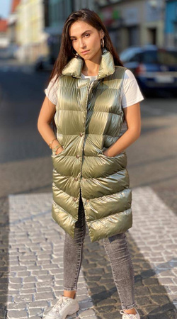 Długa, zielona metaliczna kamizelka SUN, zapinana na zamek z wysokim kołnierzem