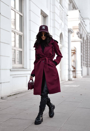 Bordowy płaszcz damski z odpinanym kapturem XANA AUTUMN