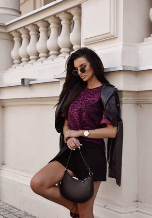 Bordowo-czarny T-shirt damski w zwierzęcy print ANIMAL