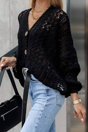 Czarny ażurowy rozpinany damski sweter KORA.