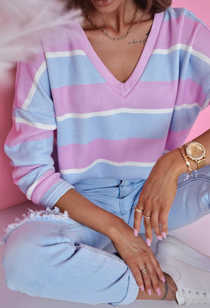 Kolorowy wełniany sweter damski w paski z krótkim rękawem MEGI