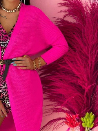 Różowy długi kardigan damski z grubym splotem i ściągaczami przy rękawach STAY HERE PINK