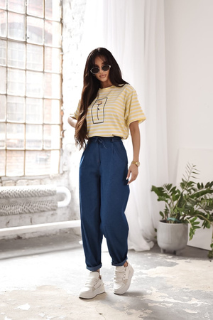 Biało żółty T-shirt damski w paski ROSE